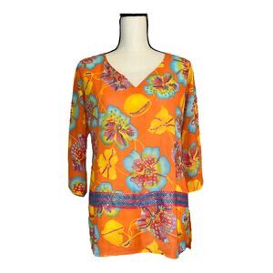 Juliet Women's Orange Floral Embellished Sequins V Neck Blouse Top Size XL